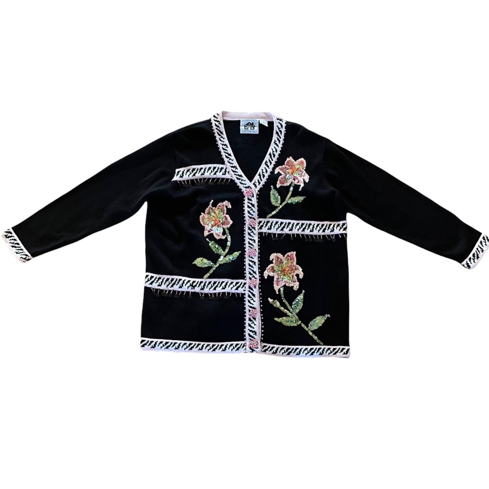 Storybook Knits Women's Black Cardigan Sequins Garden Lilies sweater - Picture 2 of 6